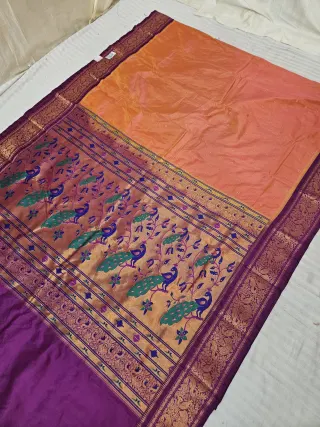 Orange Dual Tone with Rani Pink and Plum Purple Contrast Soft Silk Paithani Meena Woven Dancing Peacock Zari Pallu Saree