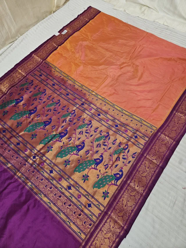 Orange Dual Tone with Rani Pink and Plum Purple Contrast Soft Silk Paithani Meena Woven Dancing Peacock Zari Pallu Saree