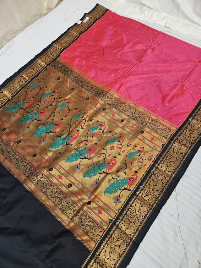 Rani Pink with Black Contrast Soft Silk Paithani Meena Woven Dancing Peacock Zari Pallu Saree