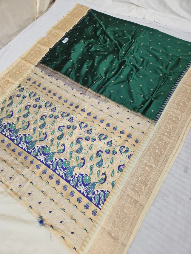 Bottle Green with Off White Contrast Soft Silk Paithani Meena Woven Peacock Jaal Tissue Pallu Saree