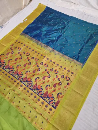 Peacock Blue with Lemon Green Contrast Soft Silk Paithani Meena Woven Peacock Jaal Tissue Pallu Saree
