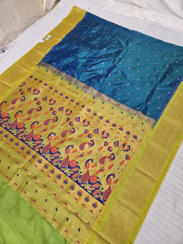 Peacock Blue with Lemon Green Contrast Soft Silk Paithani Meena Woven Peacock Jaal Tissue Pallu Saree