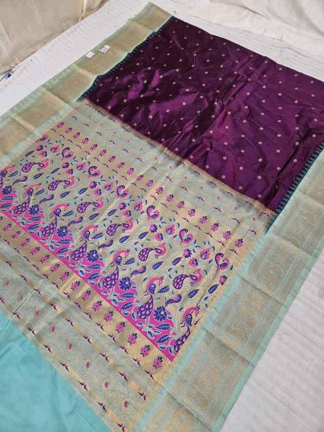 Wine with Sea Green Contrast Soft Silk Paithani Meena Woven Peacock Jaal Tissue Pallu Saree