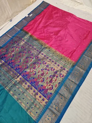 Hot Pink with Peacock Blue Contrast Soft Silk Paithani Meena Woven Peacock Jaal Tissue Pallu Saree