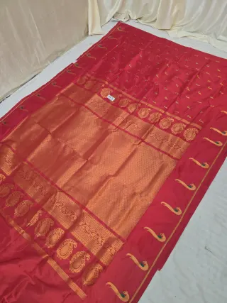 Crimson Red Soft Silk Irkal Self Saree with Woven Gold Zari Lattice Brocade Pallu & Peacock Border