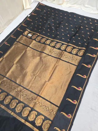 Black Soft Silk Irkal Self Saree with Woven Gold Zari Lattice Brocade Pallu & Peacock Border