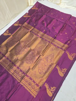 Magenta Purple Soft Silk Irkal Self Saree with Woven Gold Zari Floral Kalka Pallu & Peacock Border