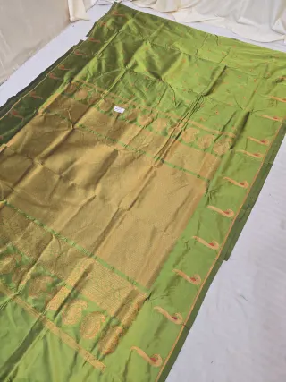 Parrot Green Soft Silk Irkal Self Saree with Woven Gold Zari Lattice Brocade Pallu & Peacock Border