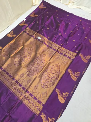 Plum Purple Soft Silk Irkal Self Saree with Woven Gold Zari Floral Kalka Pallu & Peacock Border