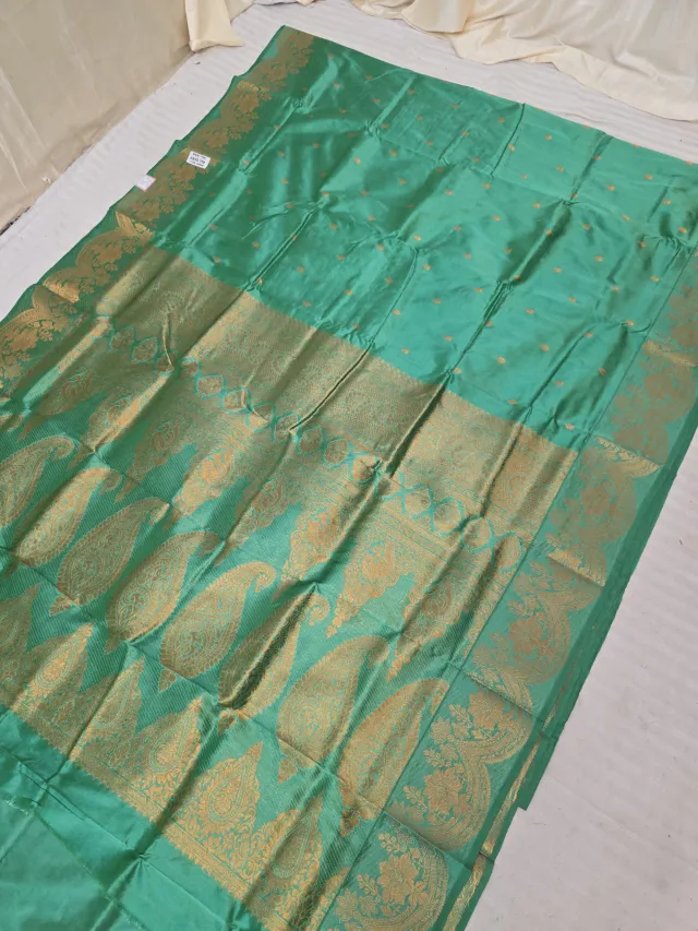 Sea Green Soft Silk Irkal Self Saree with Woven Gold Zari Traditional Kalka Pallu & Floral Border