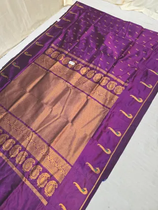 Violet Purple Soft Silk Irkal Self Saree with Woven Gold Zari Lattice Brocade Pallu & Peacock Border