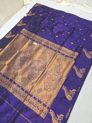 Indigo Purple Soft Silk Irkal Self Saree with Woven Gold Zari Floral Kalka Pallu & Peacock Border