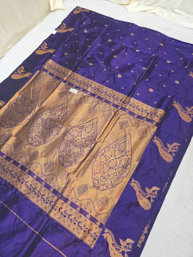 Indigo Purple Soft Silk Irkal Self Saree with Woven Gold Zari Floral Kalka Pallu & Peacock Border