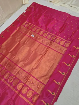 Hot Pink Soft Silk Irkal Self Saree with Woven Gold Zari Lattice Brocade Pallu & Peacock Border