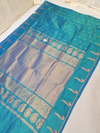 Peacock Blue Soft Silk Irkal Self Saree with Woven Gold Zari Lattice Brocade Pallu & Peacock Border