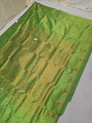 Light Parrot Green Soft Silk Irkal Self Saree with Woven Gold Zari Lattice Brocade Pallu & Peacock Border