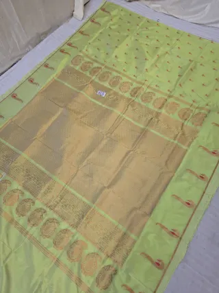 Pastel Green Soft Silk Irkal Self Saree with Woven Gold Zari Lattice Brocade Pallu & Peacock Border