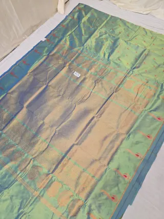 Dual Tone Sea Green Soft Silk Irkal Self Saree with Woven Gold Zari Lattice Brocade Pallu & Peacock Border