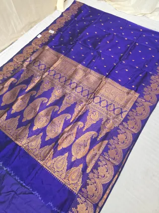 Royal Sapphire Blue Soft Silk Irkal Self Saree with Woven Gold Zari Traditional Kalka Pallu & Floral Border