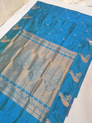 Cyan Blue Soft Silk Irkal Self Saree with Woven Gold Zari Floral Kalka Pallu & Peacock Border