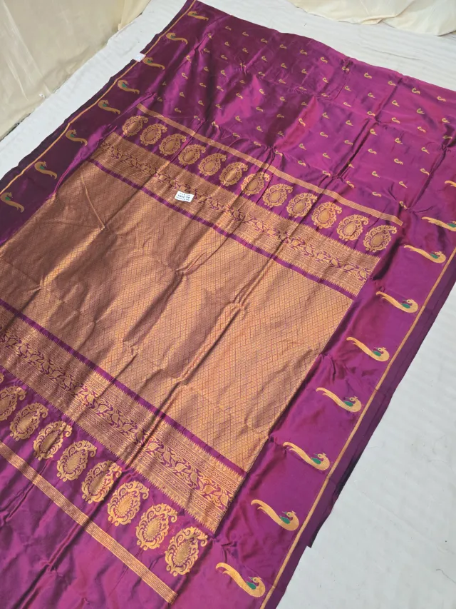 Magenta Purple Soft Silk Irkal Self Saree with Woven Gold Zari Lattice Brocade Pallu & Peacock Border