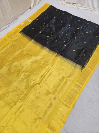 Jet Black and Yellow Soft Silk Irkal Inchi Saree with Woven Gold Zari Buti & Rich Grand Kalka Pallu