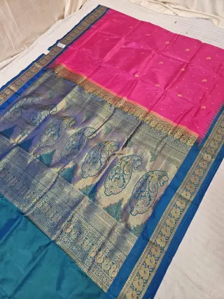 Rani Pink and Peacock Blue Soft Silk Irkal Inchi Saree with Woven Gold Zari Buti & Rich Grand Kalka Pallu