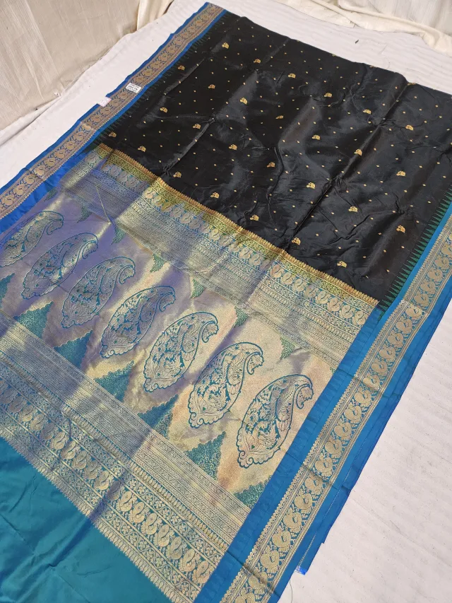 Black and Peacock Blue Soft Silk Irkal Inchi Saree with Woven Gold Zari Buti & Rich Grand Kalka Pallu