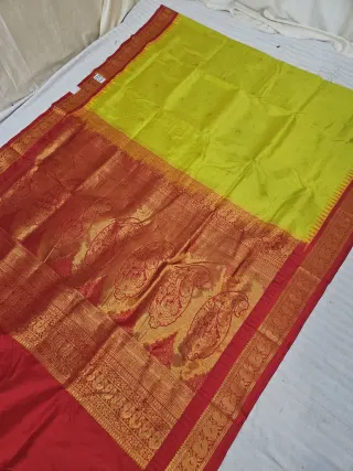 Parrot Green and Red Soft Silk Irkal Inchi Saree with Woven Gold Zari Buti & Rich Grand Kalka Pallu