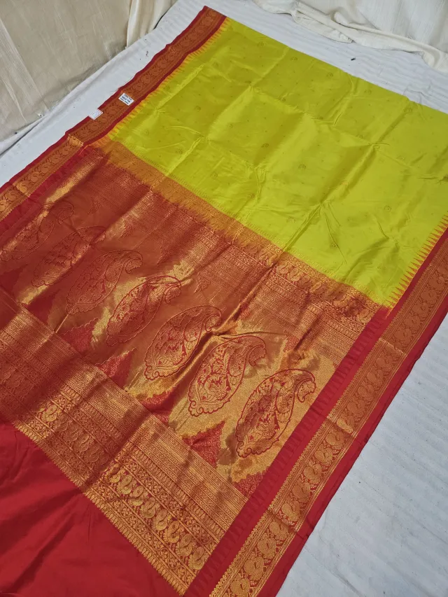 Parrot Green and Red Soft Silk Irkal Inchi Saree with Woven Gold Zari Buti & Rich Grand Kalka Pallu