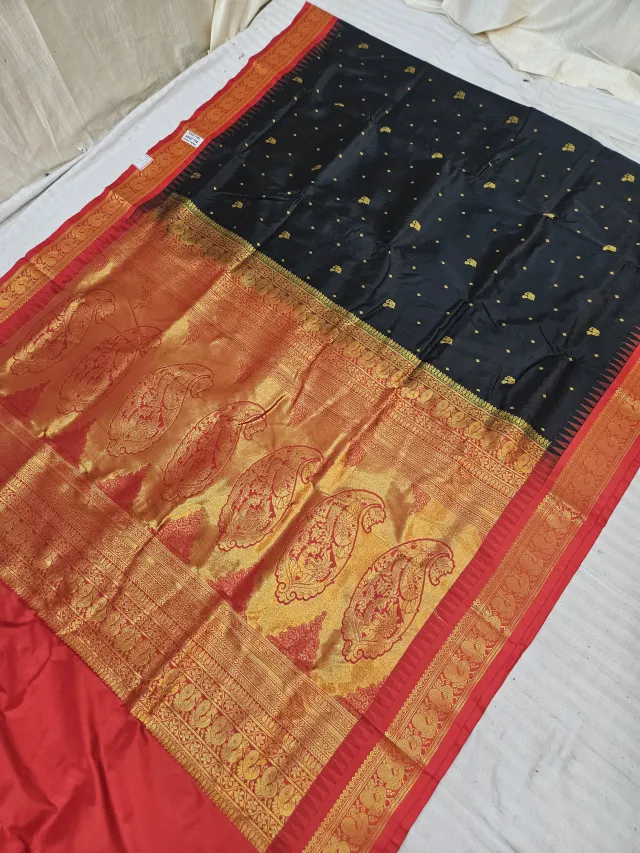 Jet Black and Red Soft Silk Irkal Inchi Saree with Woven Gold Zari Buti & Rich Grand Kalka Pallu
