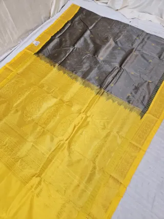 Ash Grey and Yellow Soft Silk Irkal Inchi Saree with Woven Gold Zari Buti & Rich Grand Kalka Pallu