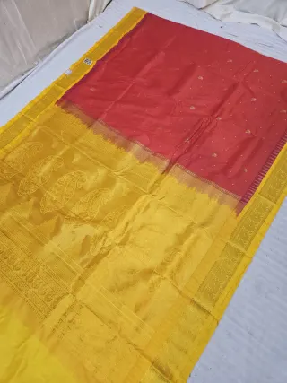Vermilion Red and Yellow Soft Silk Irkal Inchi Saree with Woven Gold Zari Buti & Rich Grand Kalka Pallu