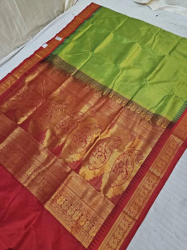 Parrot Green and Red Soft Silk Irkal Inchi Saree with Woven Gold Zari Buti & Rich Grand Kalka Pallu