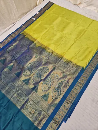 Lime Green and Peacock Blue Soft Silk Irkal Inchi Saree with Woven Gold Zari Buti & Rich Grand Kalka Pallu