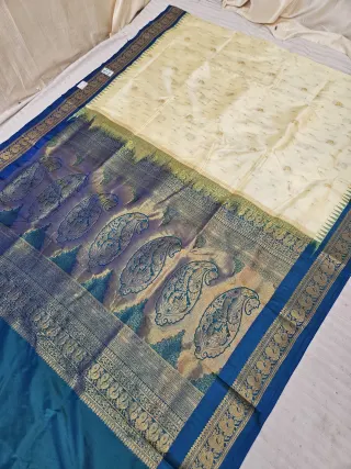 Cream and Peacock Blue Soft Silk Irkal Inchi Saree with Woven Gold Zari Buti & Rich Grand Kalka Pallu