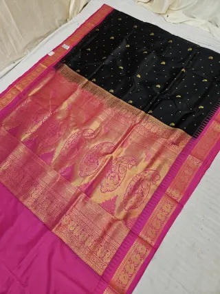 Jet Black and Rani Pink Soft Silk Irkal Inchi Saree with Woven Gold Zari Buti & Rich Grand Kalka Pallu