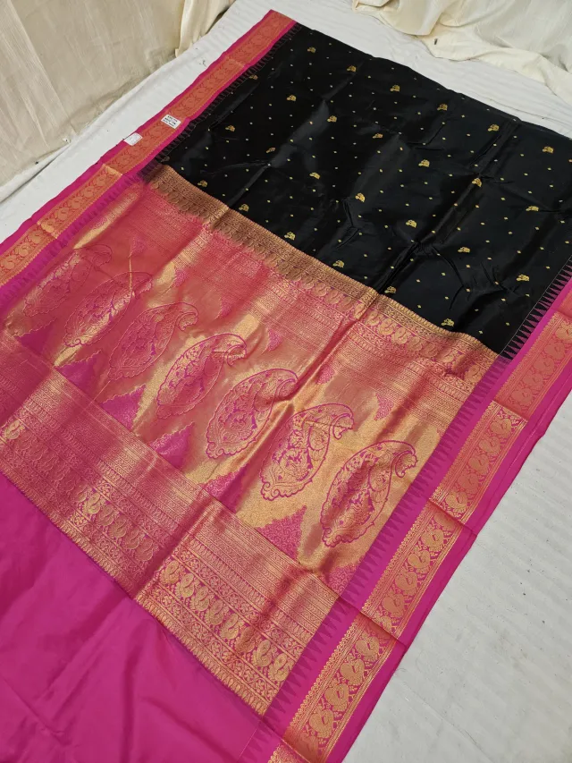 Jet Black and Rani Pink Soft Silk Irkal Inchi Saree with Woven Gold Zari Buti & Rich Grand Kalka Pallu