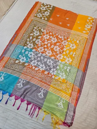 Multicolor Color Block Blended Bangalore Silk 3D Kantha Stitch Saree with Floral Jaal Pallu & Tassels