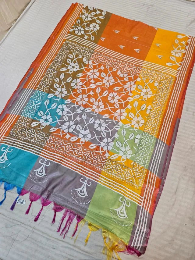 Multicolor Color Block Blended Bangalore Silk 3D Kantha Stitch Saree with Floral Jaal Pallu & Tassels