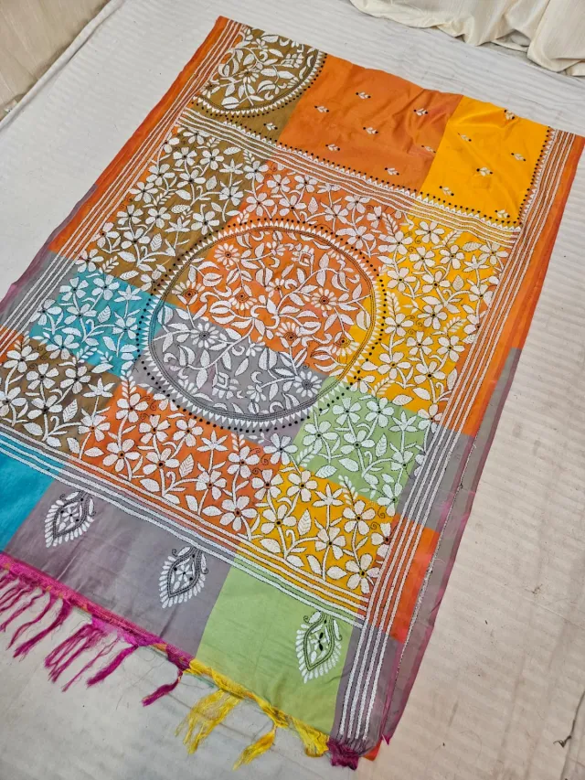 Multicolor Color Block Blended Bangalore Silk 3D Kantha Stitch Saree with Circular Floral Mandala Pallu & Tassels
