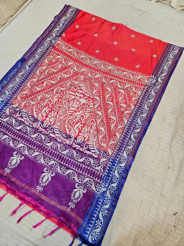 Vibrant Red Blended Bangalore Silk 3D Kantha Stitch Saree with Purple Pallu, Blue Border & Tassels