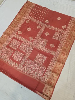 Terracotta Red Pure Bangalore Silk Baluchari Border Saree with Cream Block Print Geometric Medallions