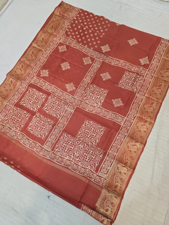 Terracotta Red Pure Bangalore Silk Baluchari Border Saree with Cream Block Print Geometric Medallions