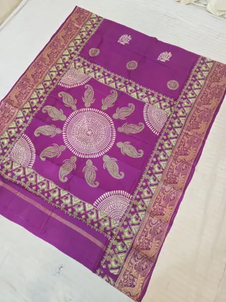 Magenta Purple Pure Bangalore Silk Baluchari Border Saree with Block Print Mandala Pallu & Kalka Motifs