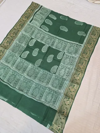Forest Green Pure Bangalore Silk Baluchari Border Saree with Mint Cream Geometric Tile & Kalka Block Print