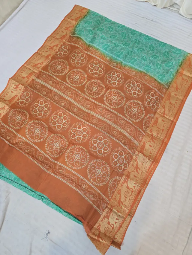 Sea Green and Rust Orange Pure Bangalore Silk Baluchari Border Saree with Bandhani Style Floral Chakra Block Print