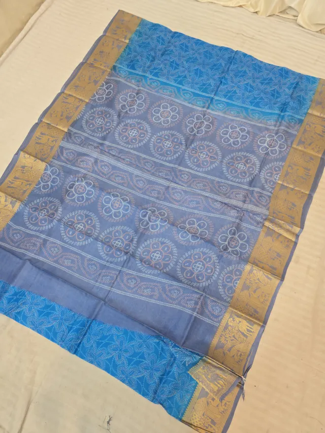 Sky Blue and Slate Grey Pure Bangalore Silk Baluchari Border Saree with Bandhani Style Floral Chakra Block Print