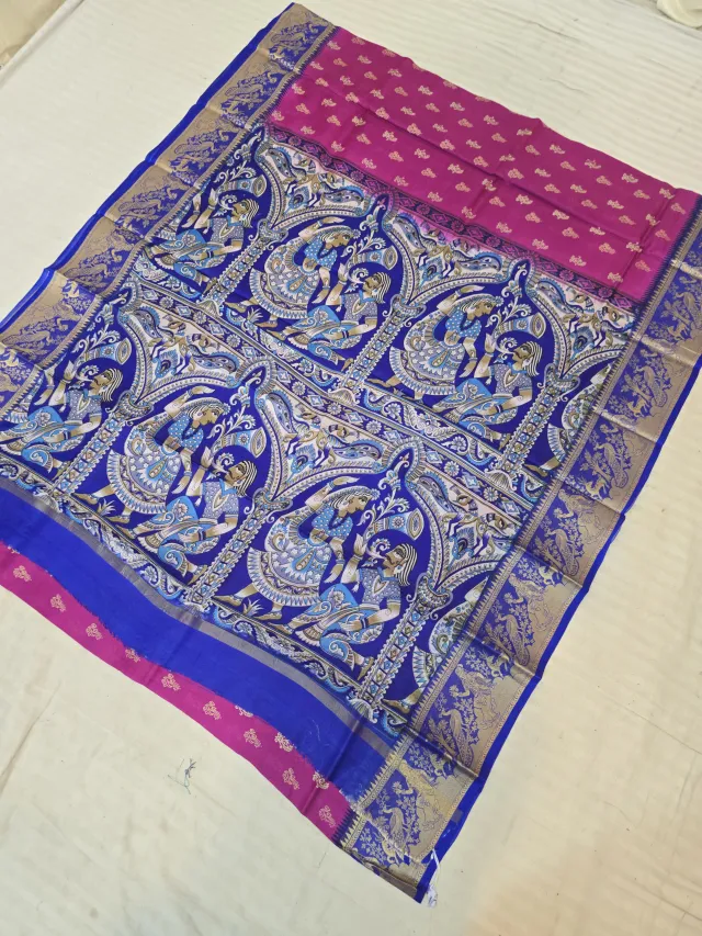 Magenta Pink and Royal Blue Pure Bangalore Silk Baluchari Border Saree with Block Print Floral Buti & Grand Figurative Courtly Pallu