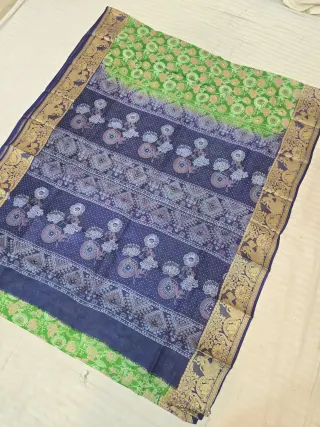 Parrot Green and Navy Blue Pure Bangalore Silk Baluchari Border Saree with Floral Bloom & Geometric Block Print Pallu